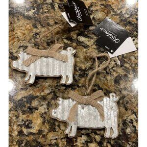 Rustic Farm‎ Animal Ornament Metal Wood Pig Christmas Holiday NEW Set Of 2